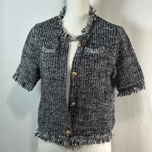 INC Petite Tweed Knit Fringe Jacket Gold Buttons Black White PM